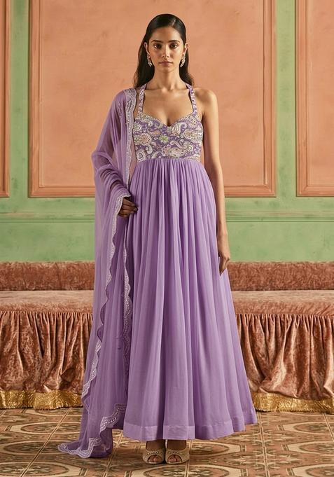 Lavender Printed Crepe Anarkali With Dupatta