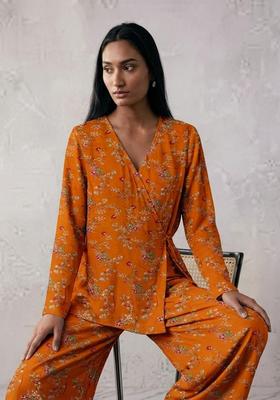 Rust Orange Embroidered Crepe Fusion Set
