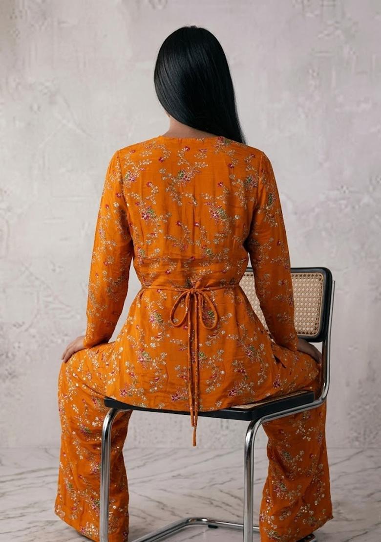 Rust Orange Embroidered Crepe Fusion Set - Indya
