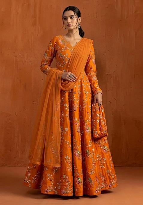 Mustard Orange Embroidered Crepe Anarkali