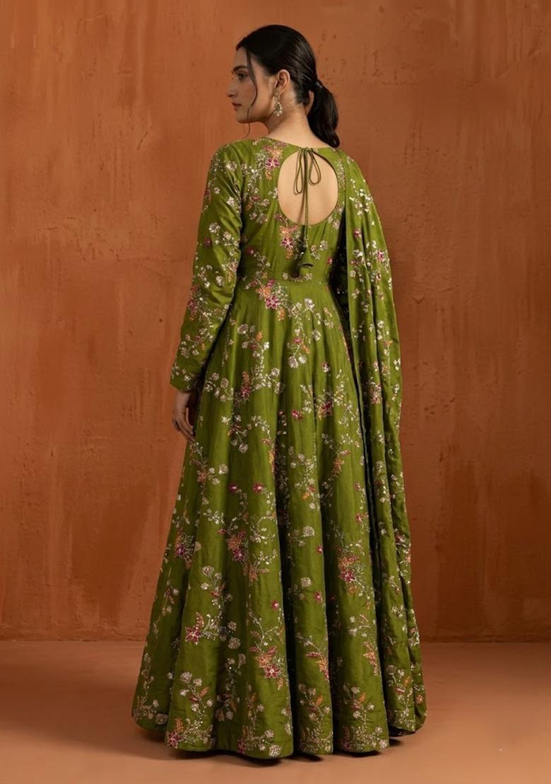 Olive Green Embroidered Crepe Anarkali - Indya