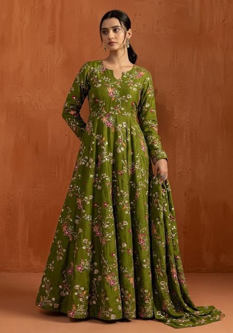 Olive Green Embroidered Crepe Anarkali