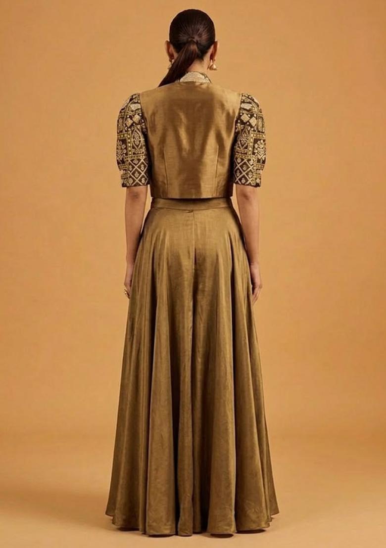 Golden Brown Printed Jacquard Lehenga Set - Indya
