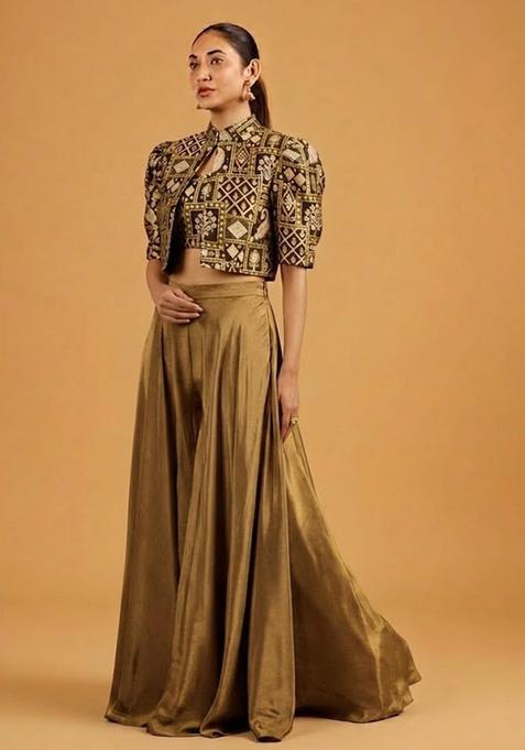 Golden Brown Printed Jacquard Lehenga Set