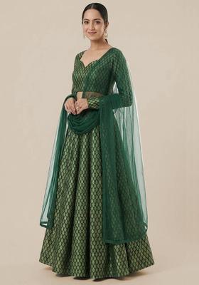 Bottle Green Brocade Banarasi Lehenga Set