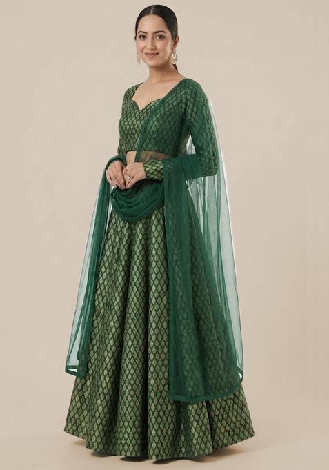 Bottle Green Brocade Banarasi Lehenga Set