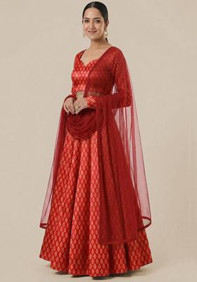 Red Brocade Banarasi Lehenga Set