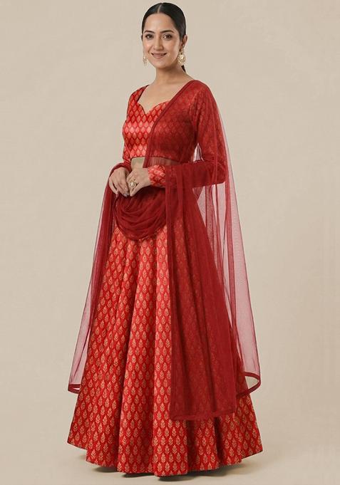 Red Brocade Banarasi Lehenga Set
