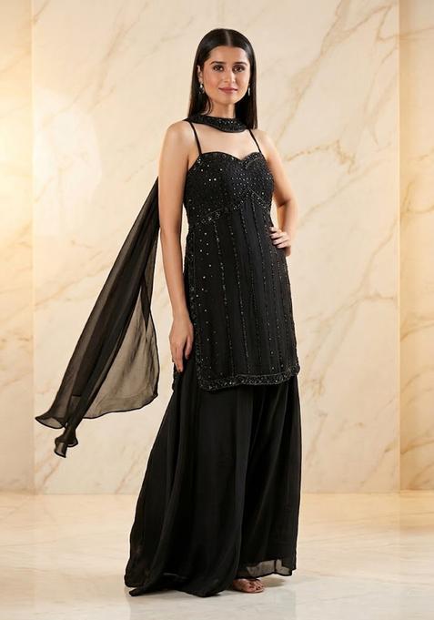 BlackEmbroidered Handwork Sharara Set