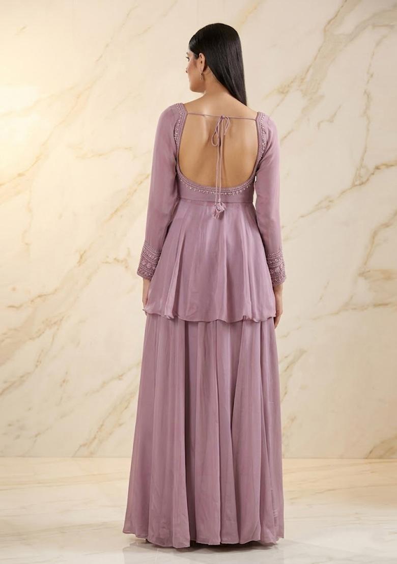 Mauve Pink Embroidered Handwork Sharara Set - Indya