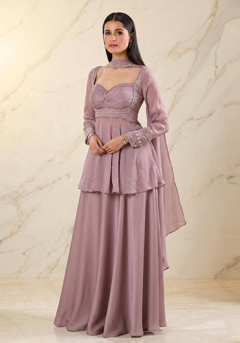 Mauve Pink Embroidered Handwork Sharara Set