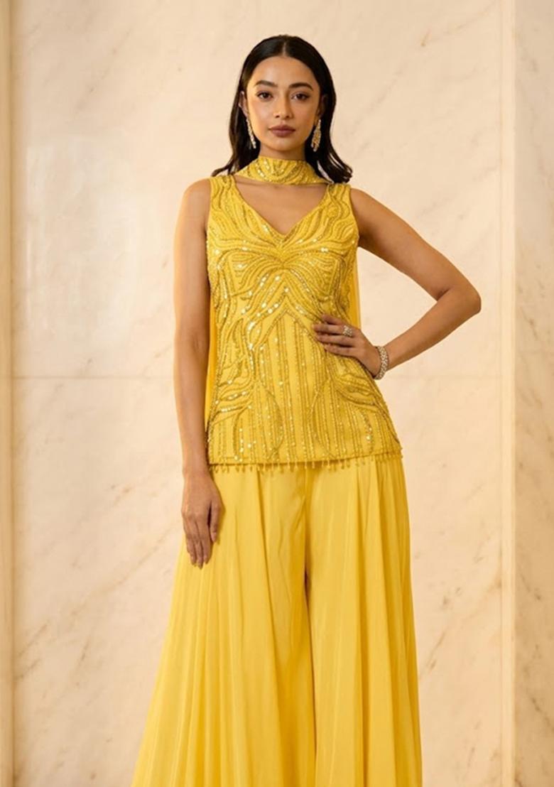 Mustard Yellow Embroidered Handwork Sharara Set - Indya