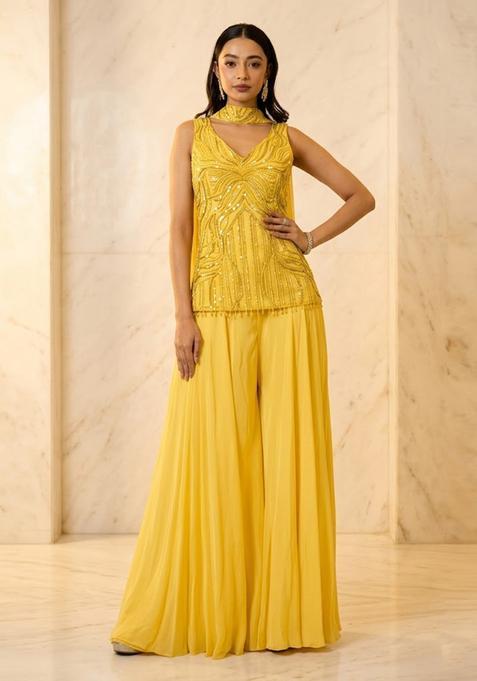 Mustard Yellow Embroidered Handwork Sharara Set