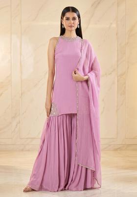 Lilac Pink Embroidered Handwork Sharara Set