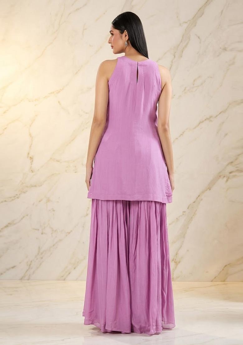 Lilac Pink Embroidered Handwork Sharara Set - Indya