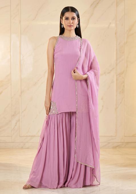 Lilac Pink Embroidered Handwork Sharara Set