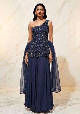 Steel Blue Embroidered Handwork Sharara Set