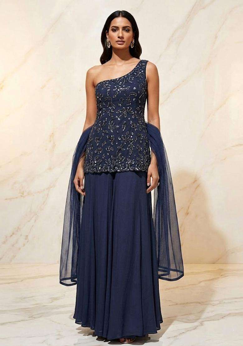Steel Blue Embroidered Handwork Sharara Set - Indya
