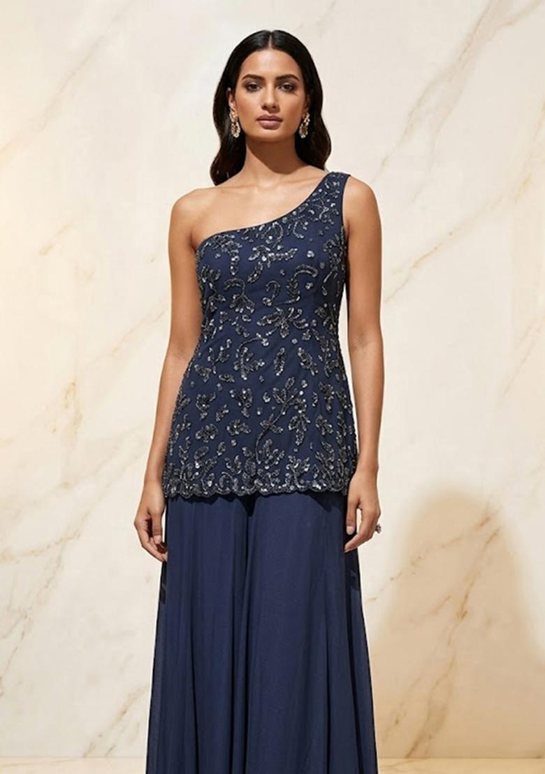 Steel Blue Embroidered Handwork Sharara Set - Indya