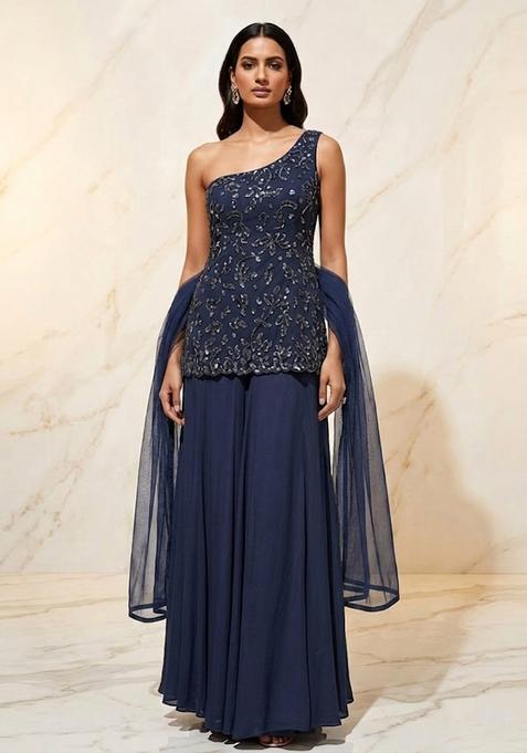 Steel Blue Embroidered Handwork Sharara Set