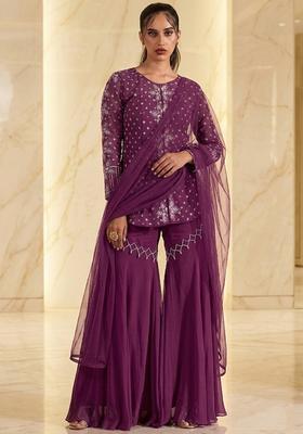 Magenta Purple Embroidered Handwork Fusion Set