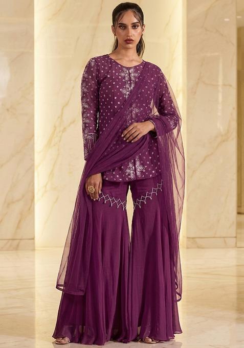Magenta Purple Embroidered Handwork Fusion Set