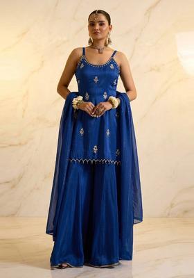 Royal Blue Embroidered Handwork Sharara Set