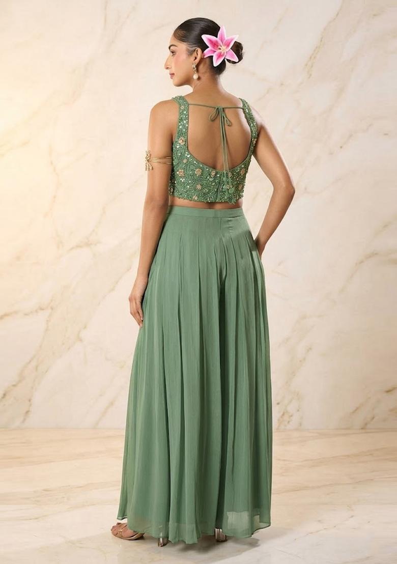 Sage Green Embroidered Handwork Fusion Set - Indya