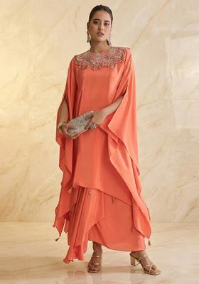 Coral Peach Embroidered Handwork Fusion Set