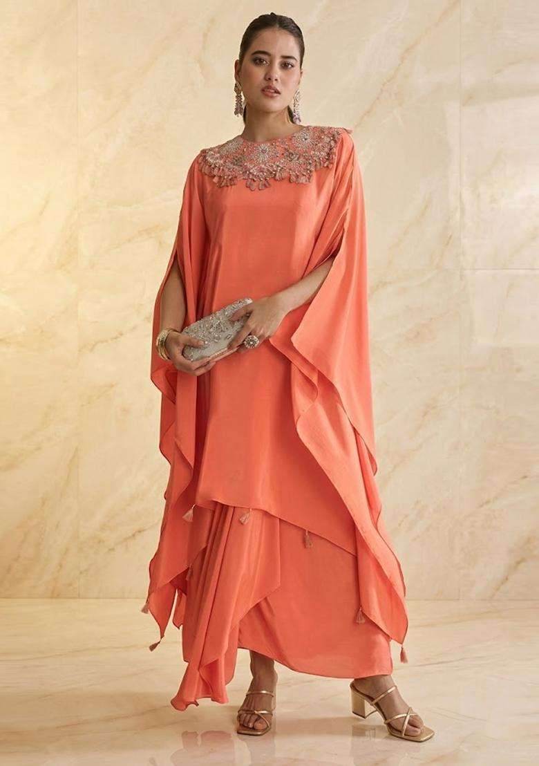 Coral Peach Embroidered Handwork Fusion Set - Indya