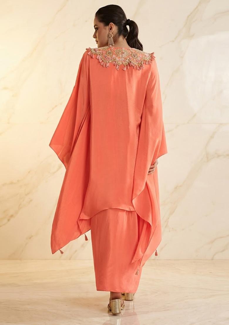 Coral Peach Embroidered Handwork Fusion Set - Indya