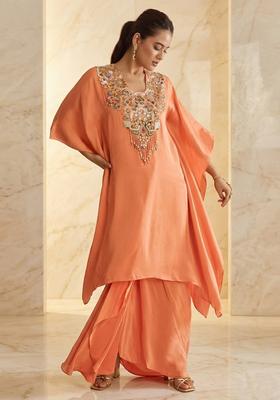 Peach Orange Embroidered Handwork Fusion Set