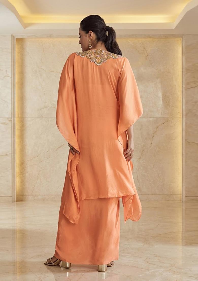 Peach Orange Embroidered Handwork Fusion Set - Indya