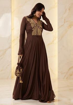 Dark Chocolate Embroidered Handwork Anarkali with Dupatta