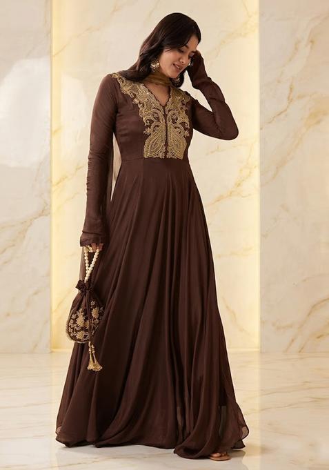 Dark Chocolate Embroidered Handwork Anarkali with Dupatta