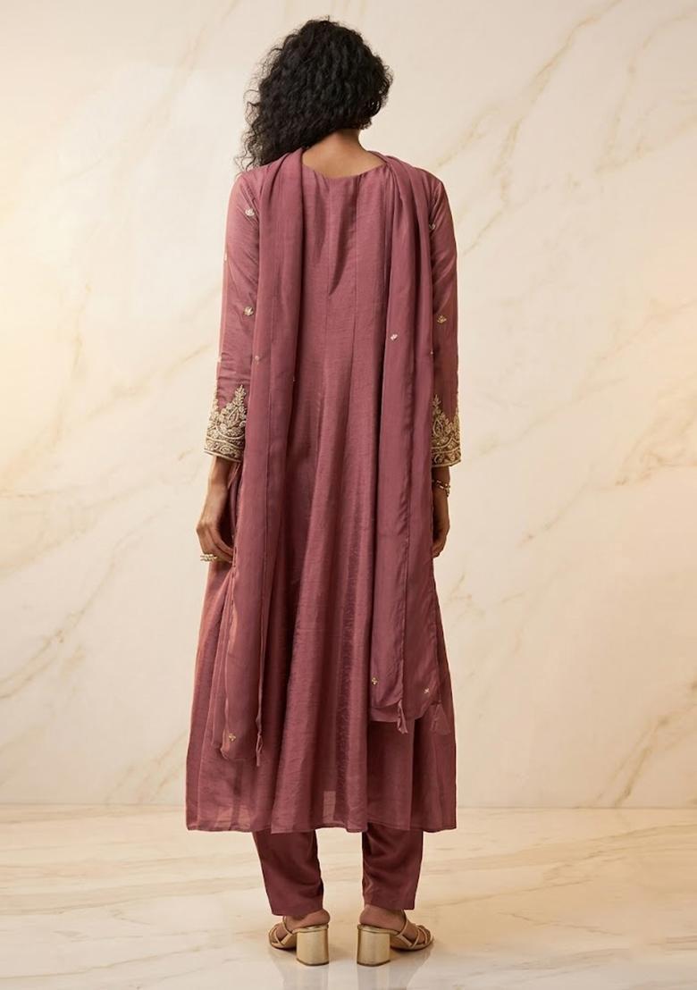 Dusty Mauve Embroidered Handwork Kurta Set - Indya
