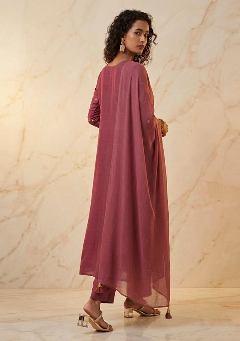 Dusty Rose Embroidered Handwork Kurta Set - Indya