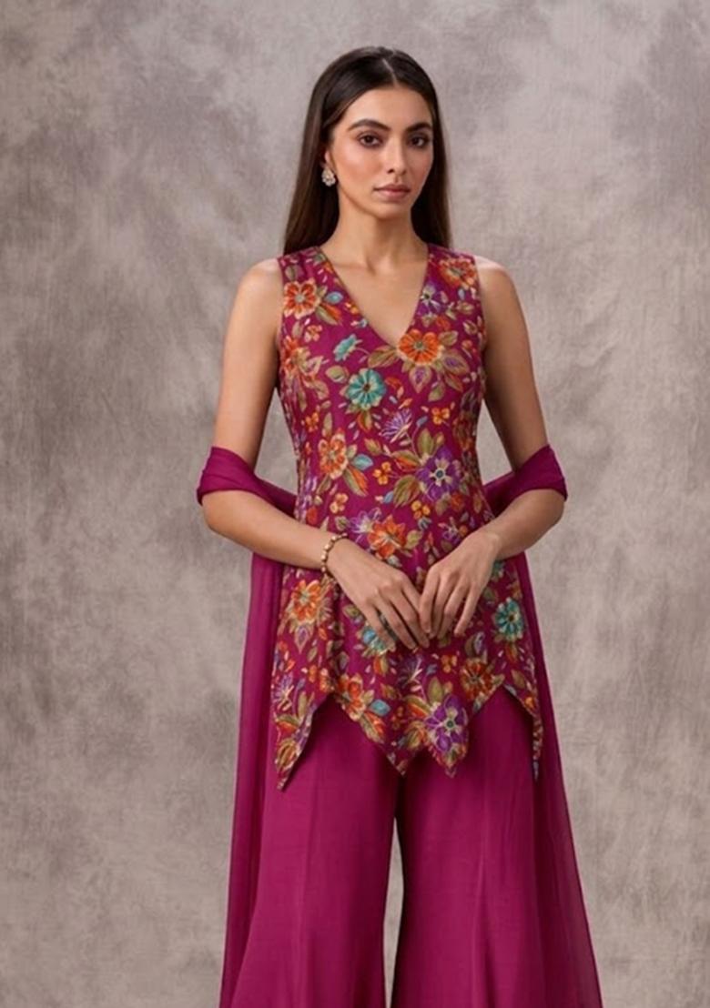 Rani Pink Printed Crepe Sharara Set - Indya