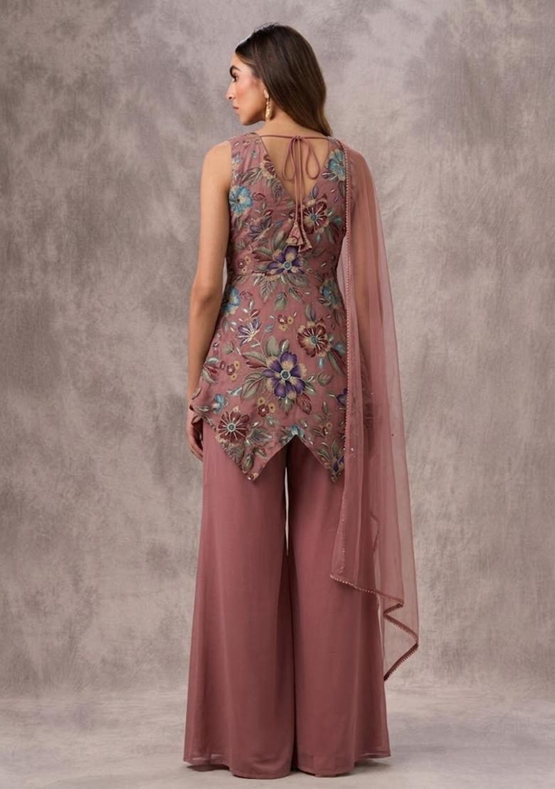 Dusty Mauve Printed Crepe Sharara Set - Indya