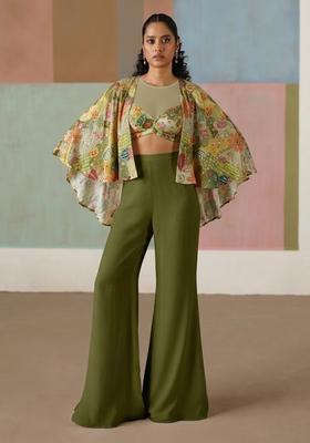 Olive Green Printed Crepe Fusion Set