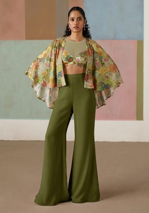 Olive Green Printed Crepe Fusion Set