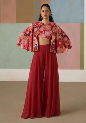 Red Printed Crepe Fusion Set