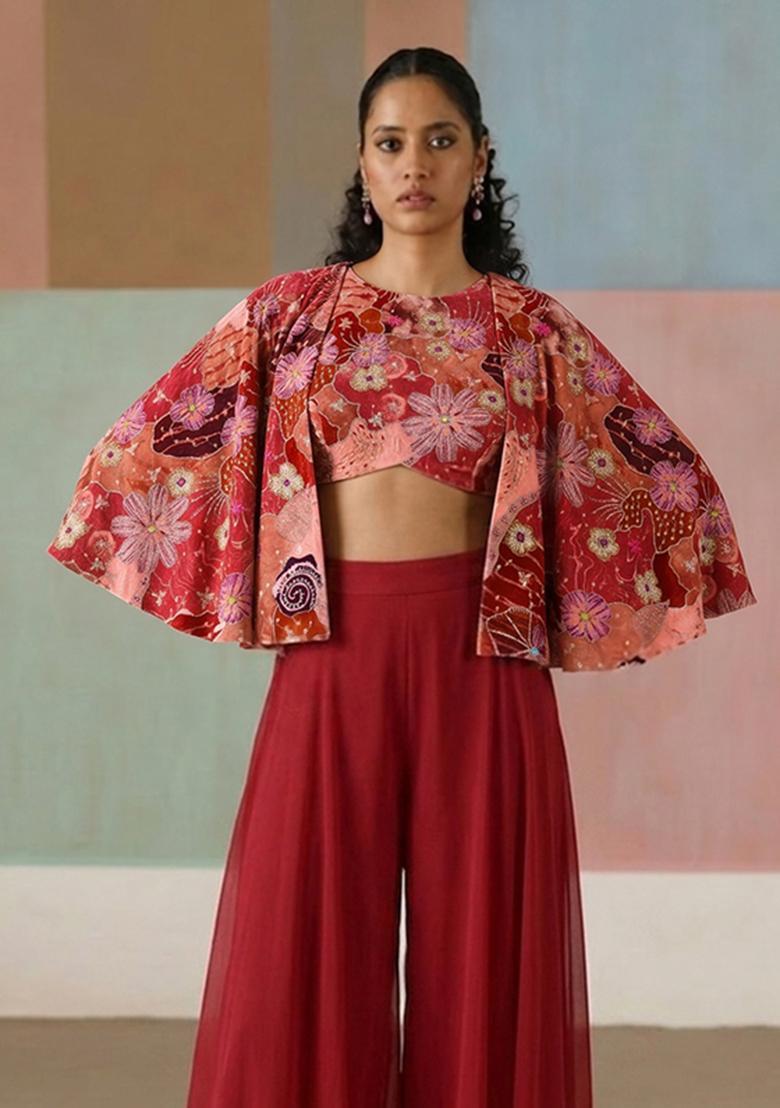 Red Printed Crepe Fusion Set - Indya