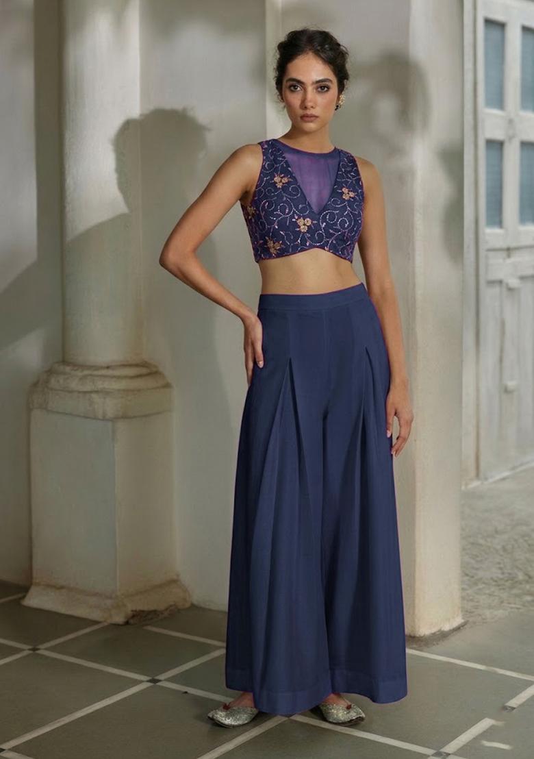 Deep Plum Embroidered Net Fusion Set - Indya