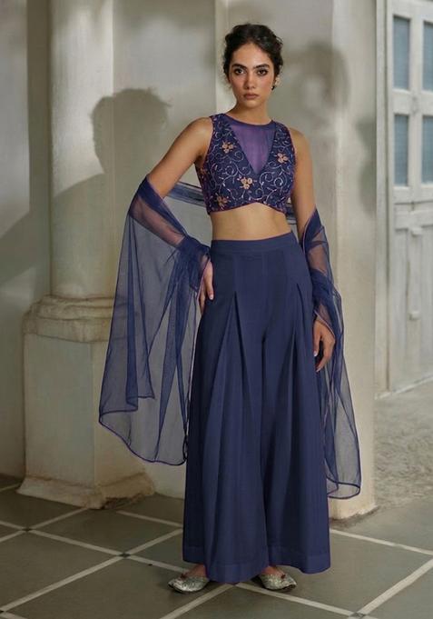Deep Plum Embroidered Net Fusion Set