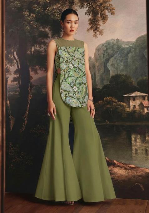 Olive Green Printed Crepe Fusion Set