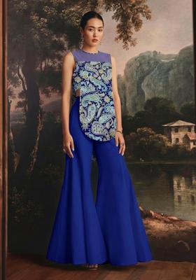 Royal Blue Printed Crepe Fusion Set