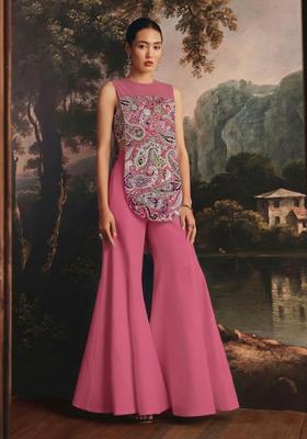 Pink Printed Crepe Fusion Set