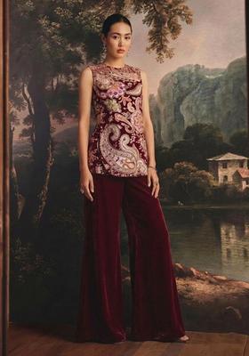 Burgundy Printed Crepe Fusion Set