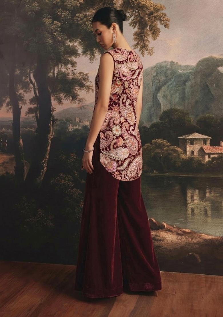 Burgundy Printed Crepe Fusion Set - Indya